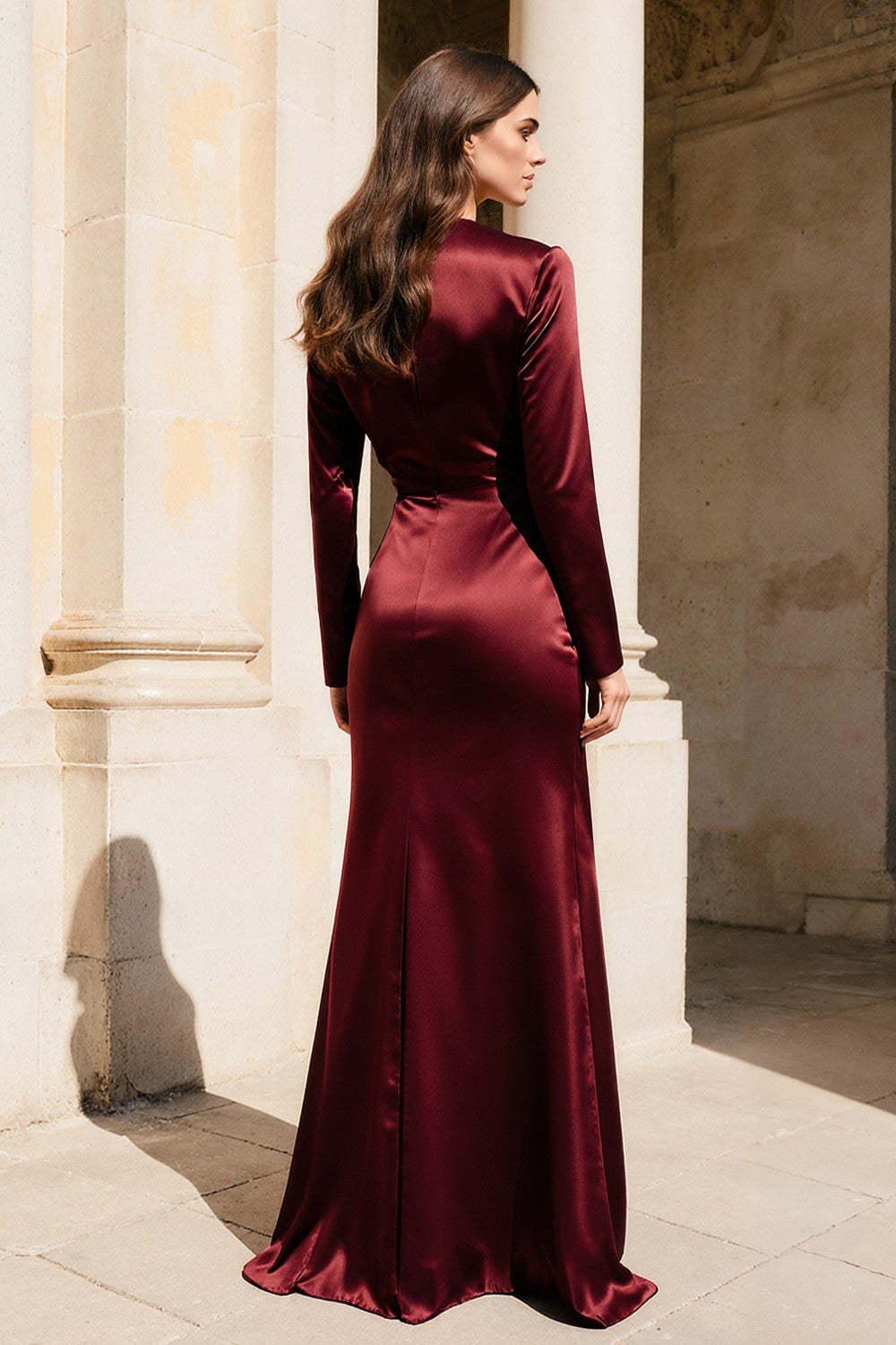 Suzhoufashion Burgundy V-Neck Mermaid Long Satin Evening Dress With Sleeves