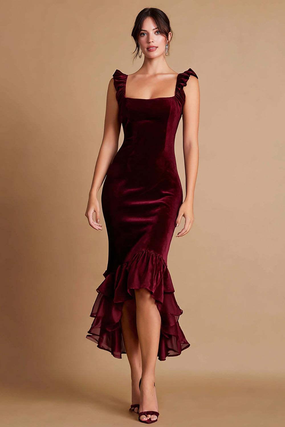 Suzhoufashion Burgundy Velvet Mermaid Midi Prom Dress With Ruffles