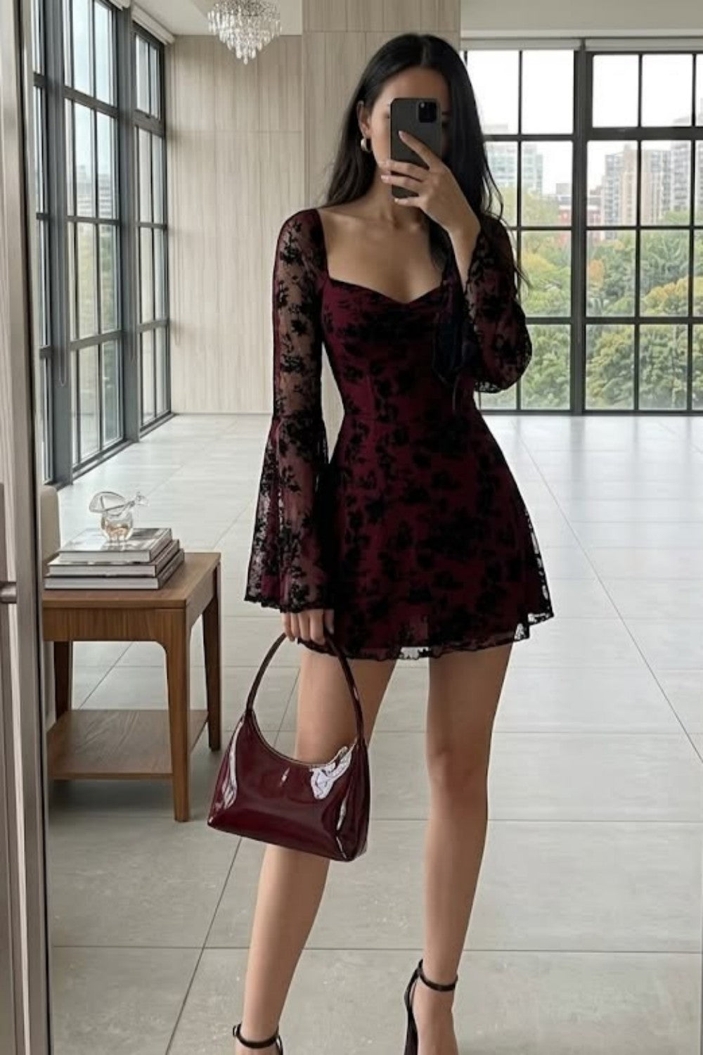 Burgundy Lace Long Sleeve Short Homecoming Dress with Floral Detail