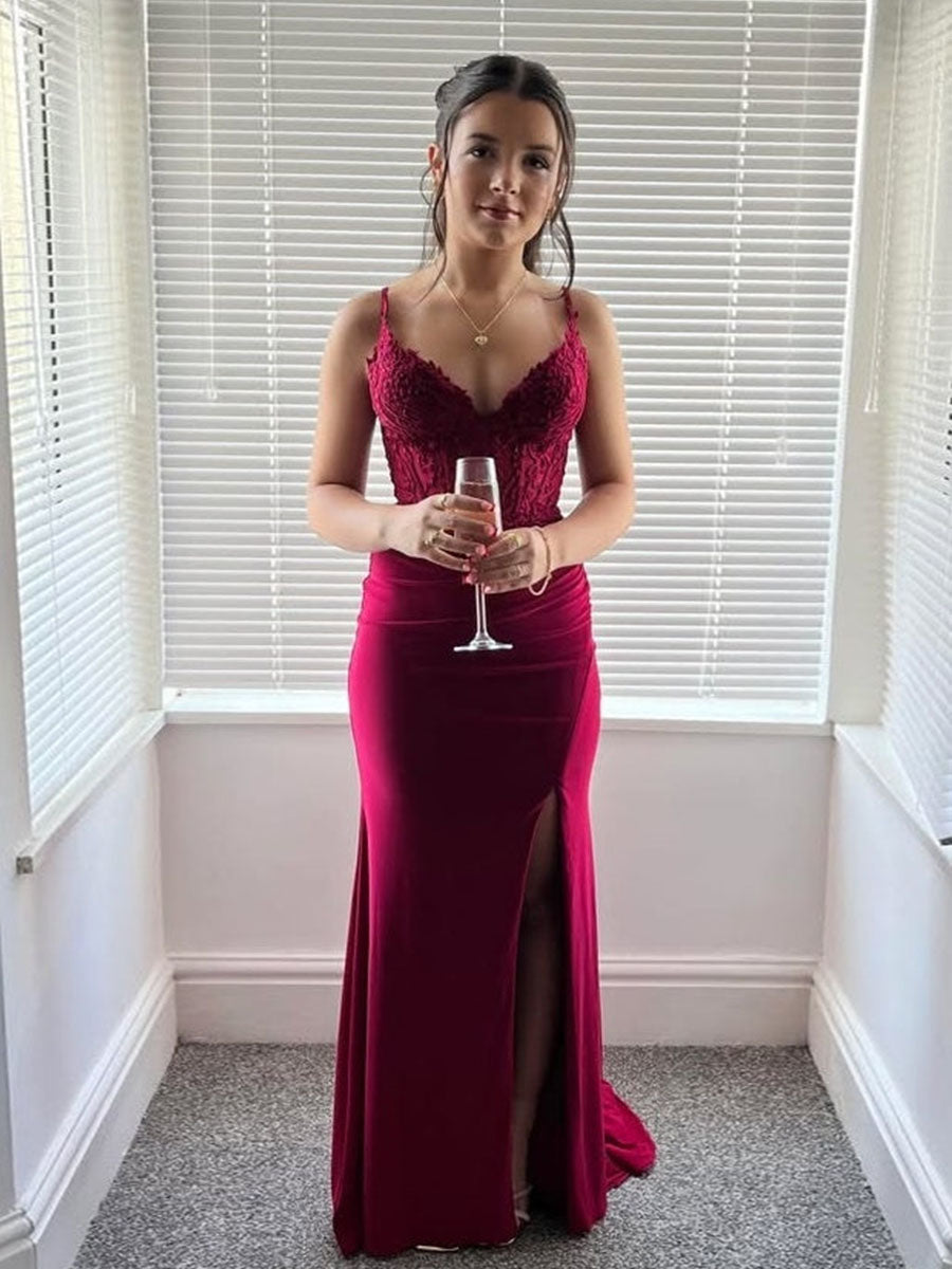 Burgundy Spaghetti Strap Floral Lace Bodice Prom Dress with Slit - VelvetHem