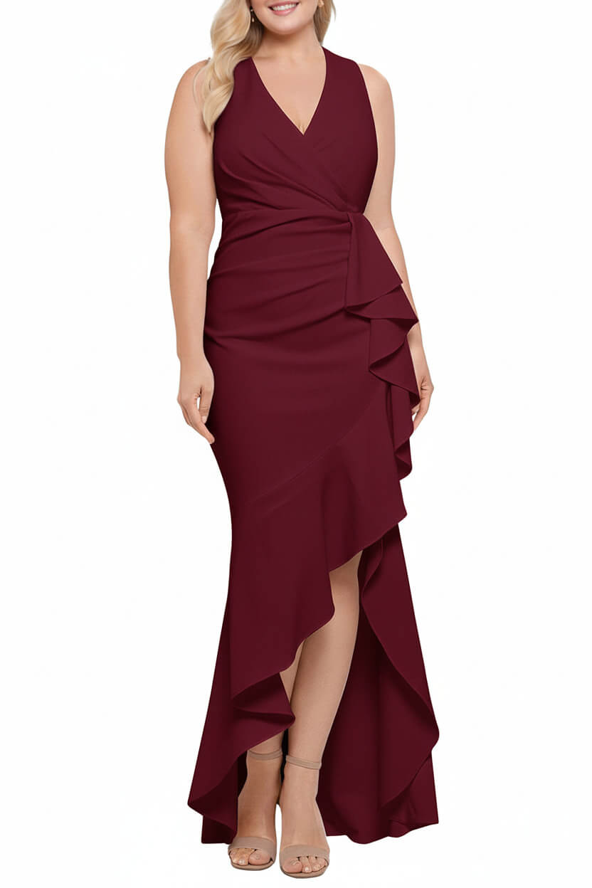 V Neck Sleeveless Plus Size Long Sheath Column Mother of the Bride Dress with Ruffles