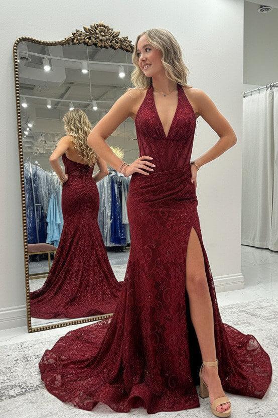 Halter Pink Prom Dress Long Lace Formal Dress With Slit
