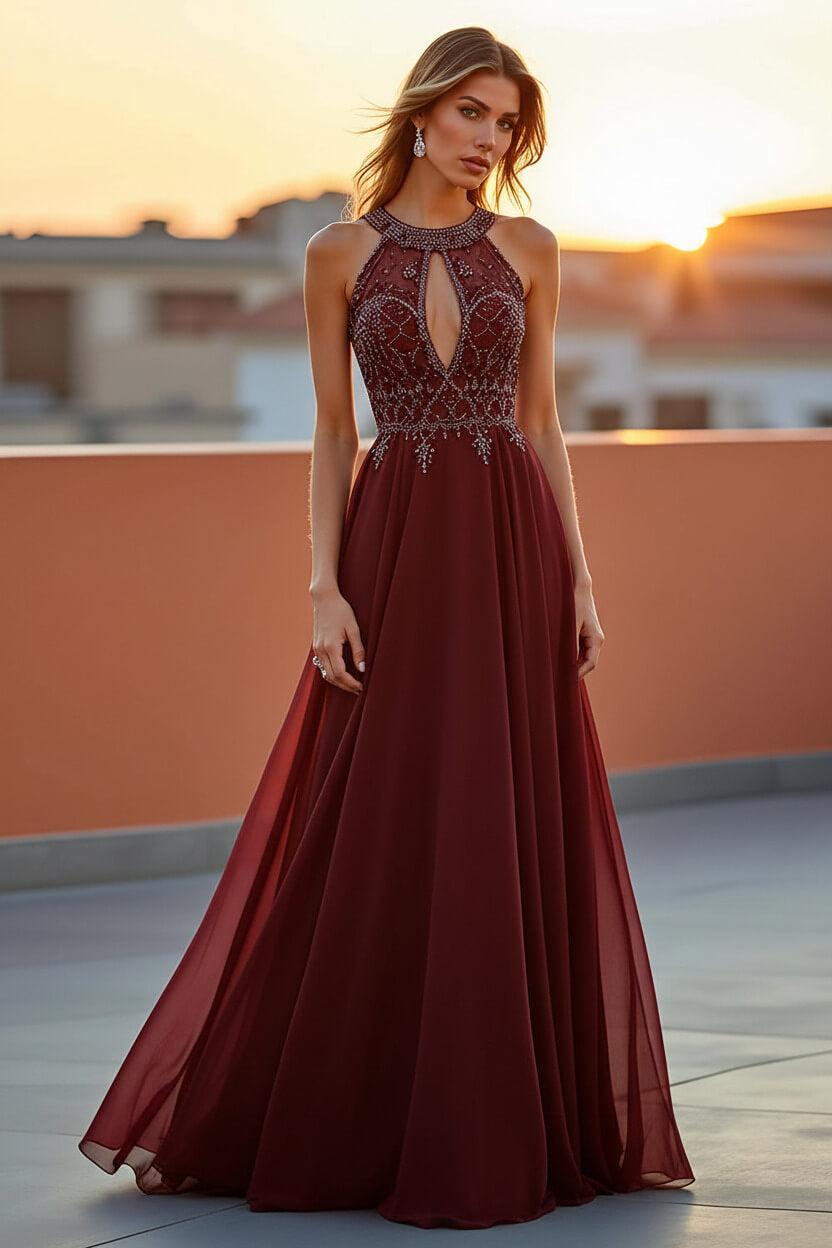 Beaded Navy Wedding Guest Dress Halter Long Formal Dress With Embroideries