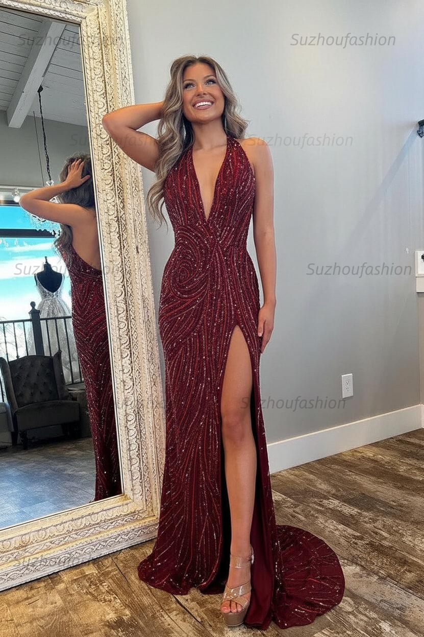 Halter Prom Dress Pink and Orange Mermaid Evening Dress with Slit