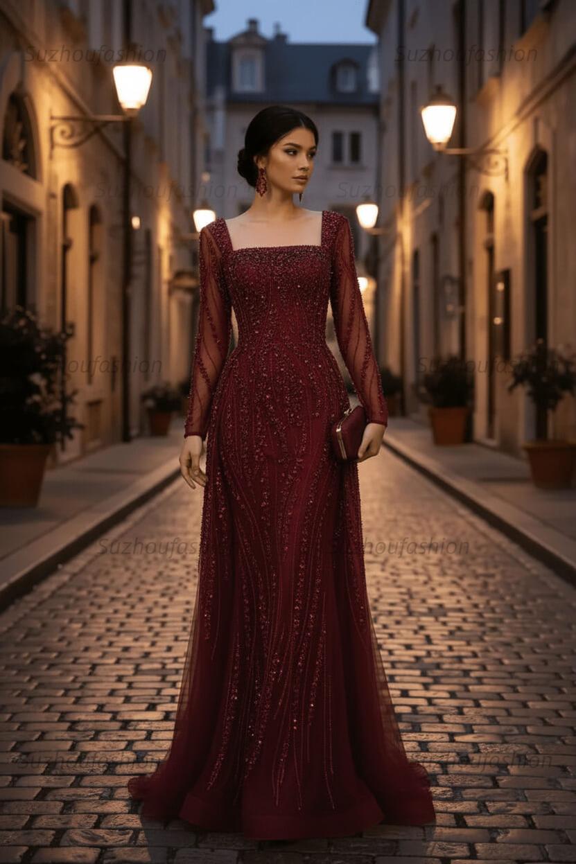Square Neck Long Sleeves Long Mermaid Evening Formal Dress With Beading Tulle