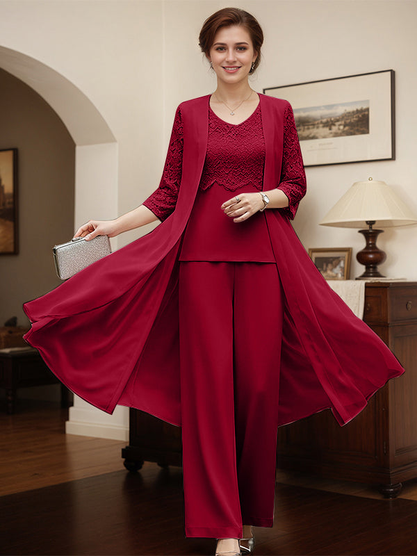 Burgundy Separates Jumpsuit/Pantsuit Scoop Floor-Length Chiffon Mother of the Bride Dress - VelvetHem