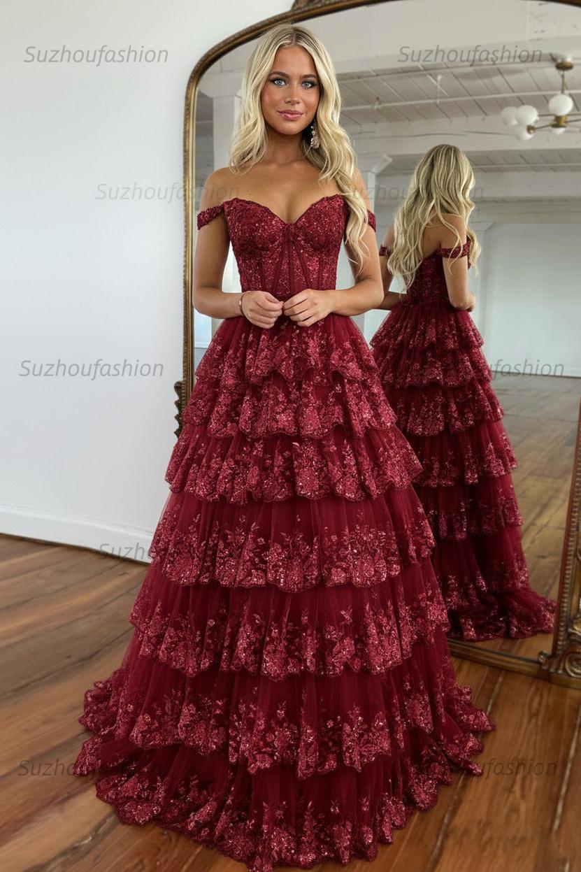 Glitter Hot Pink Corset Off the Shoulder Lace Long Prom Dress