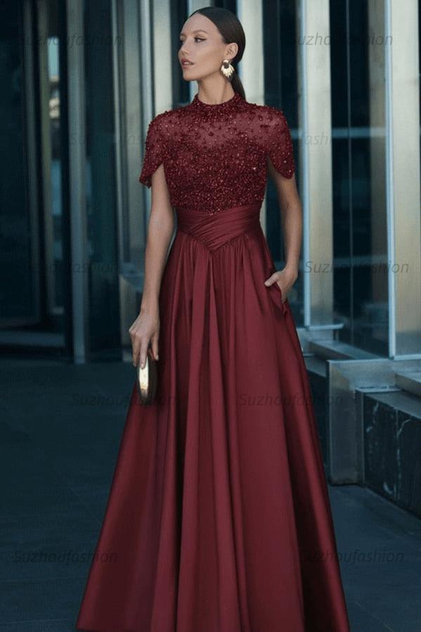 High Neck Short Sleeves Long Evening Formal Dress With Beading Pockets
