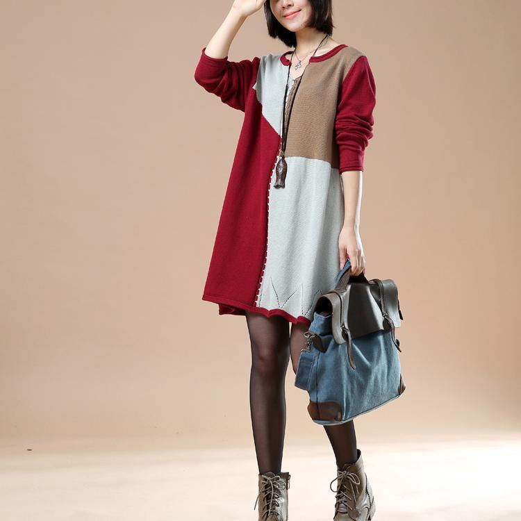 Burgundy color blocks sweaters knit dress