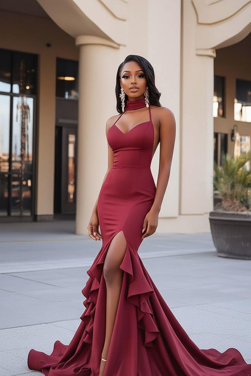 Black Wedding Guest Dress Ruffled Mermaid Long Prom Dress With Slit
