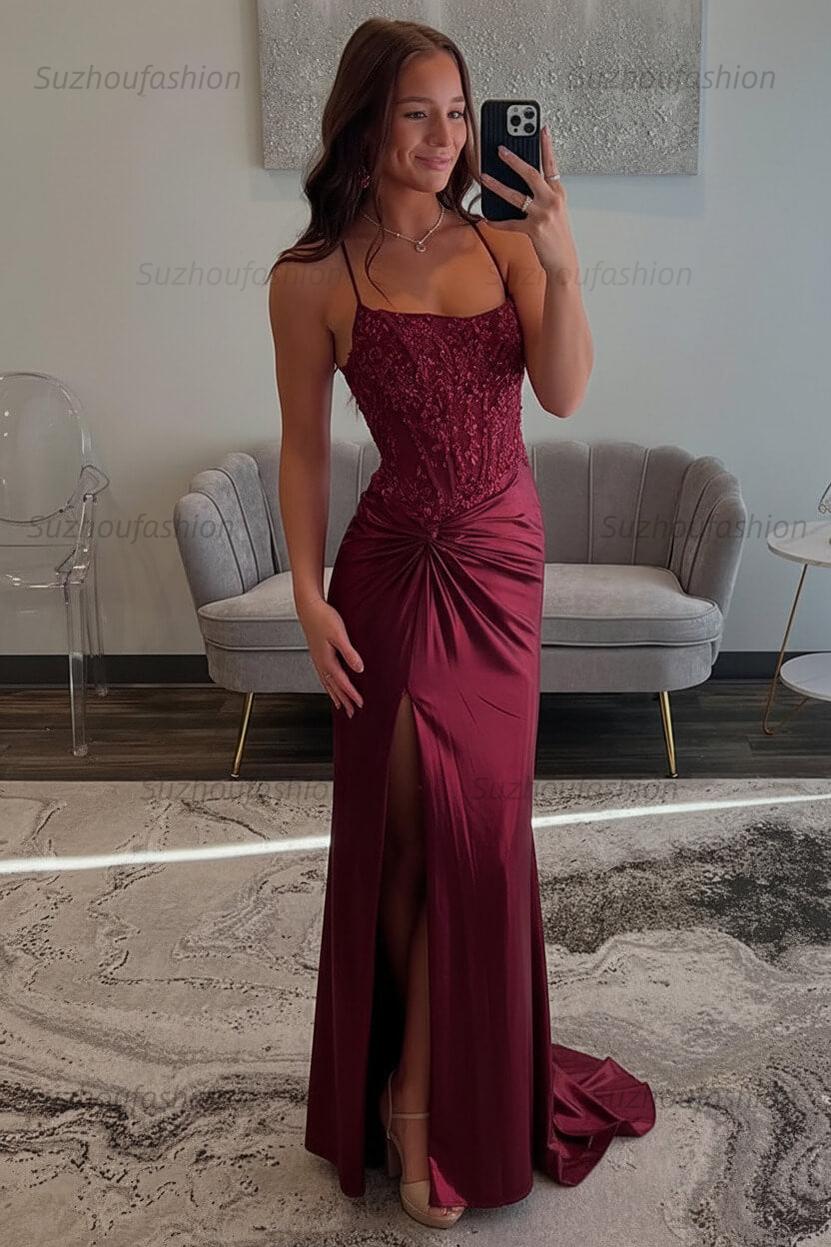Red Prom Dress Spaghetti Straps Ruhed Long Lace Formal Dress With Appliques