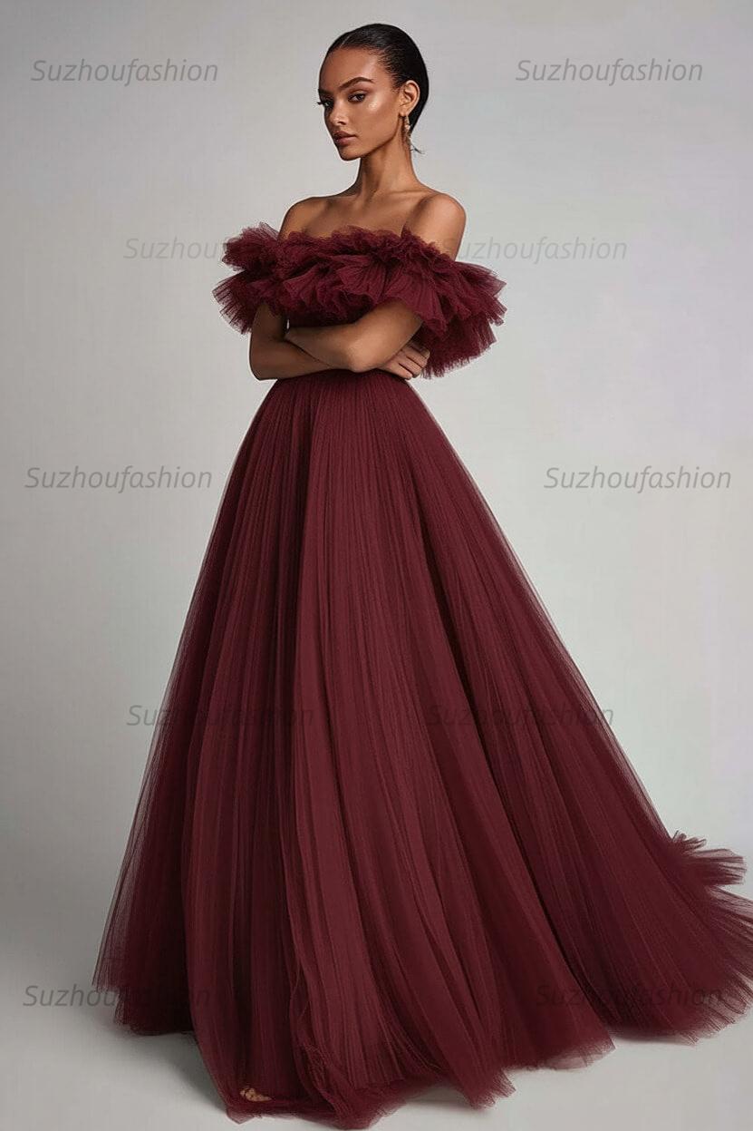 Dusty Sage Prom Dress Tulle A Line Long Formal Dress With Ruffles
