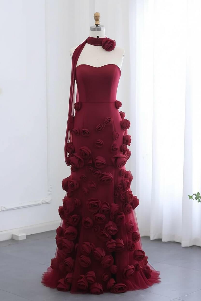 Pink Prom Dress Strapless Mermaid 3D Flowers Formal Dress With Slit