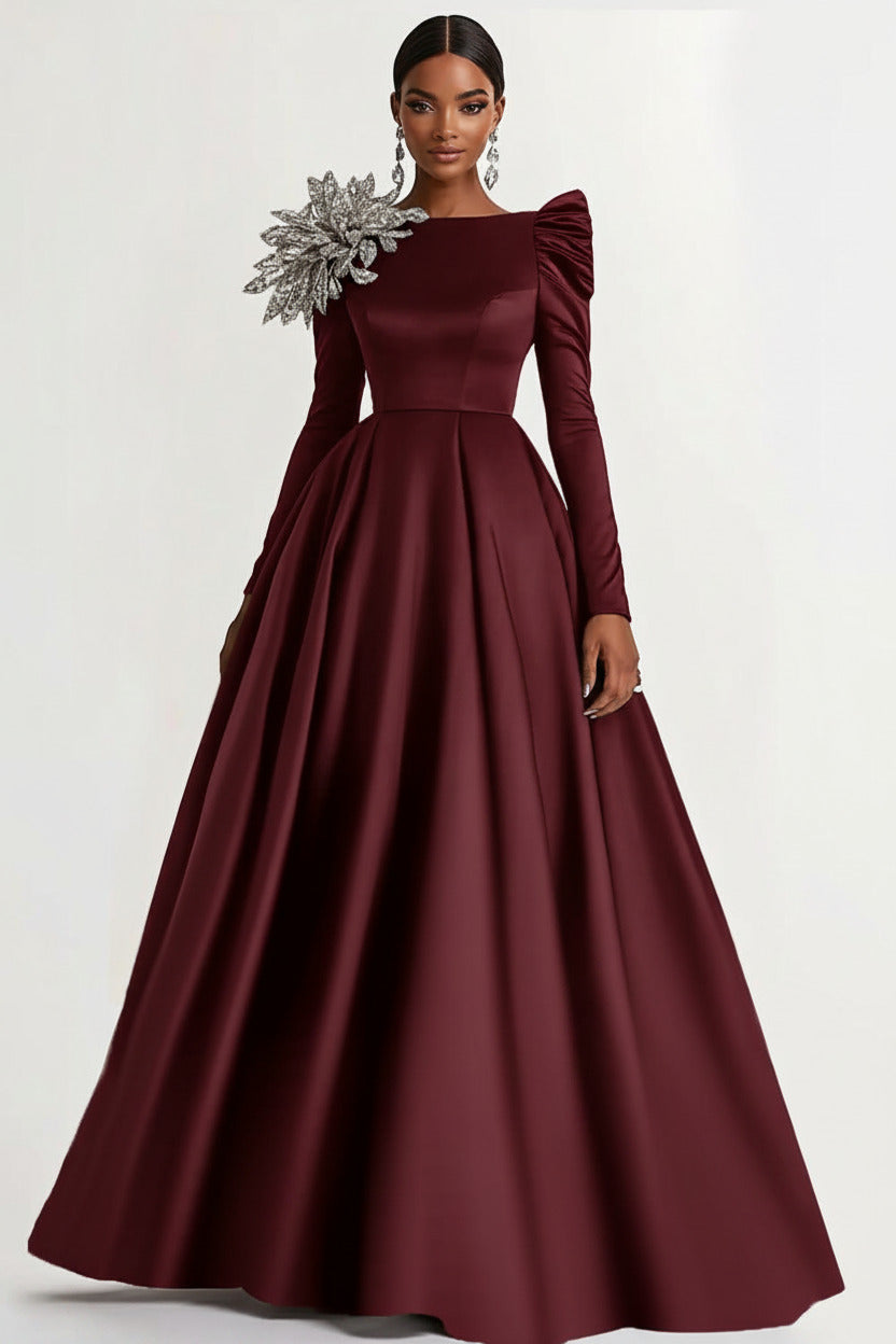 A-Line Long Black Wedding Guest Dress Satin Boat Neck Formal Dress With Long Sleeves