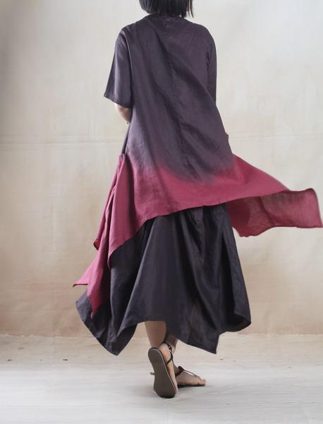 Burgundy gradient Asymmetric linen sundress plus size long maxi dress Two pieces