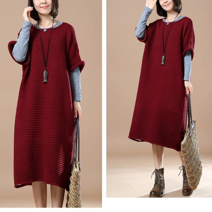 Burgundy half sleeve sweaters knit dresses