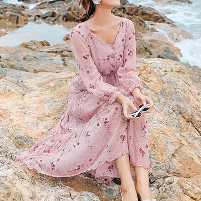 Buttoned Ruffle Layer Bohemian Dress For Women