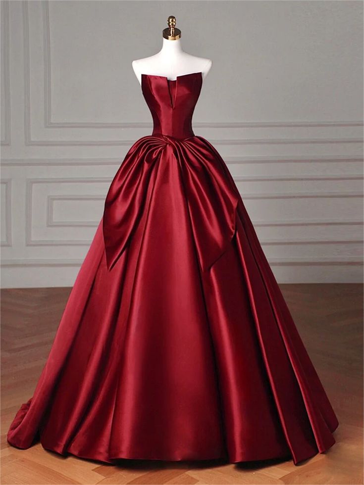 Vintage A line Strapless Burgundy Satin Long Evening Dress Prom Dresses
