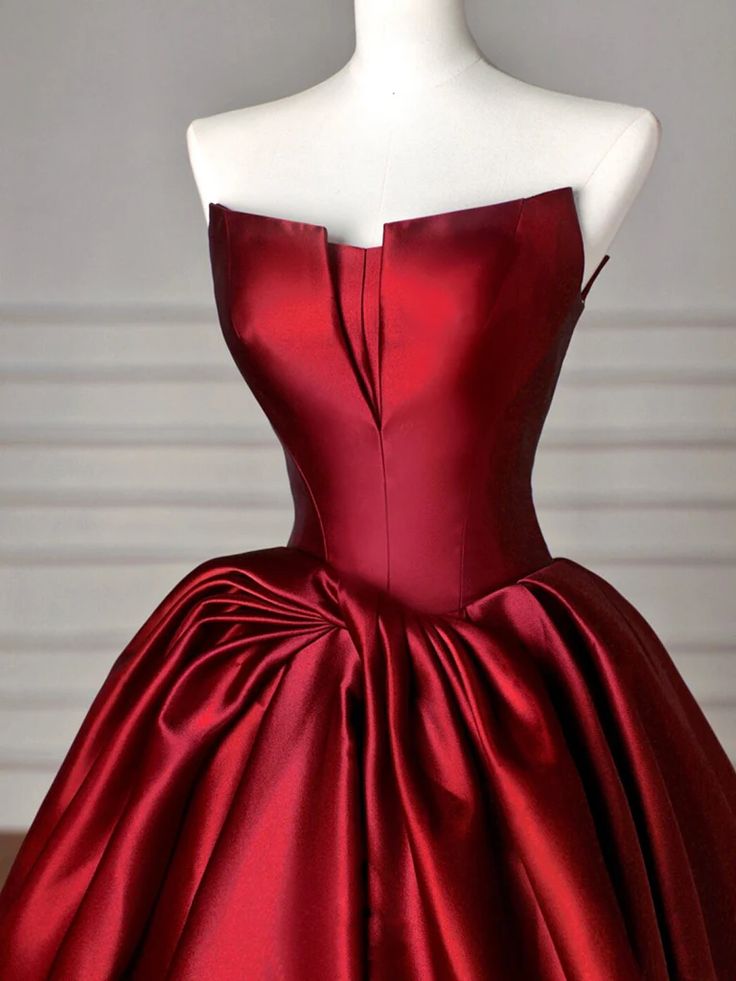 Vintage A line Strapless Burgundy Satin Long Evening Dress Prom Dresses - View 3 | VelvetHem