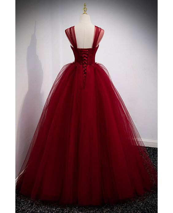 Puffy Ball Gown Burgundy Long Red Prom Dress For Formal Prom Dresses - View 4 | VelvetHem