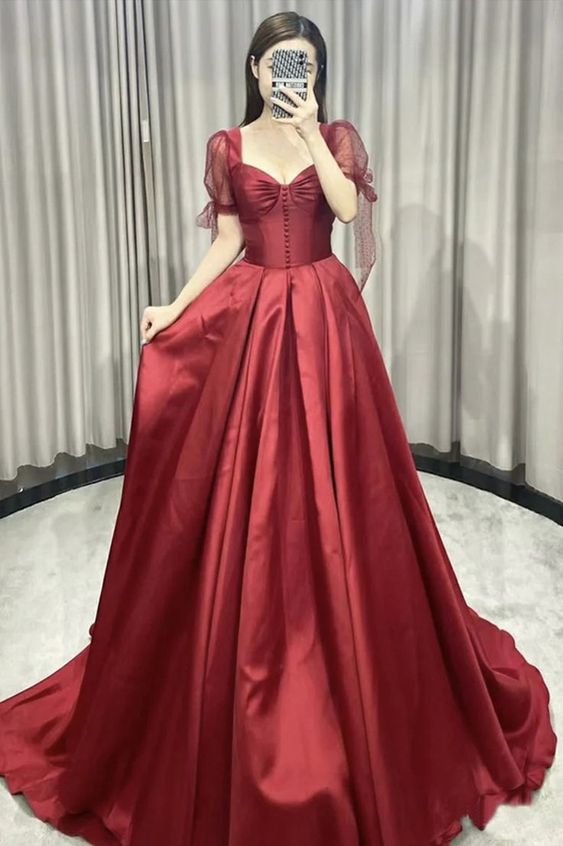 Vintage A line Sweetheart Burgundy Satin Evening Dress Prom Dress - View 2 | VelvetHem