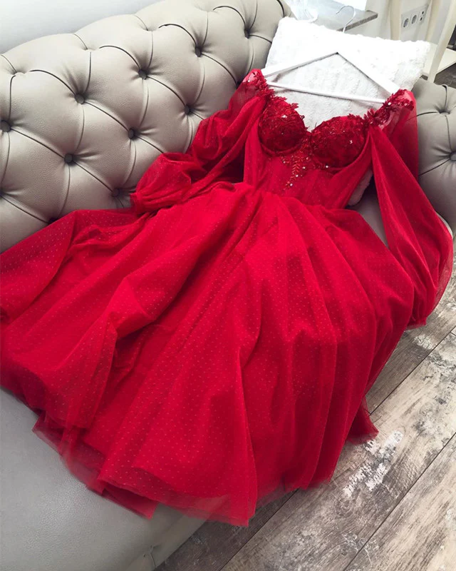 Cute A Line Long Sleeves Red Burgundy Tulle Ankle Length Prom Dress - View 2 | VelvetHem