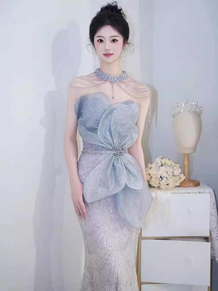 Sexy Mermaid High Neckline Sequin Long Evening Dress Beads Prom Dress