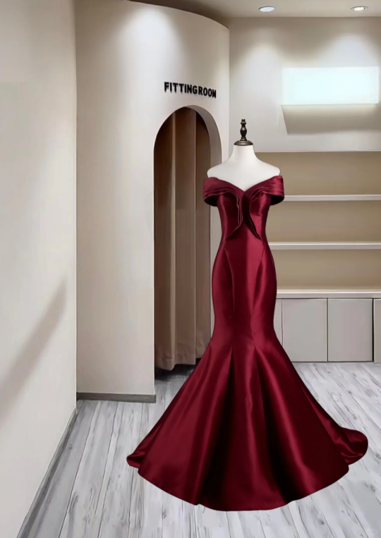 Vintage Burgundy Off The Shoulder Satin Mermaid Long Prom Dress Party Gown