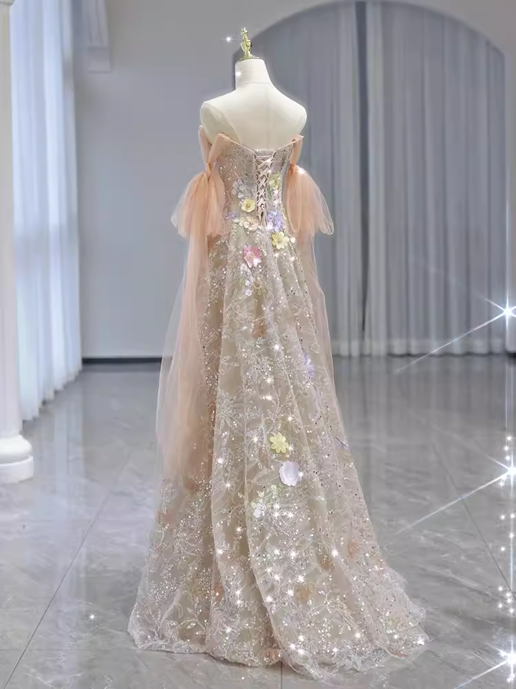 Fairytale A line Straps Floral Lace Long Evening Dress Prom Dress