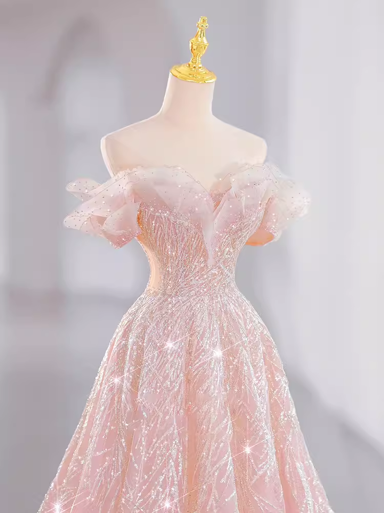 Fairytale A line Off The Shoulder Pink Sequin Long Evening Dress Prom Dress