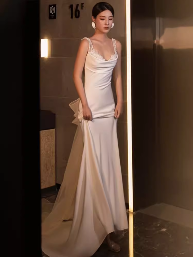 Chic Mermaid Straps Satin White Wedding Dress With Pearls - View 5 | VelvetHem