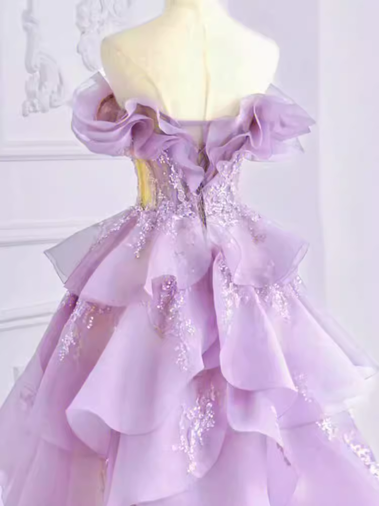 Fairy Ball Gown Off The Shoulder Lace Lilac Long Prom Dress - View 4 | VelvetHem