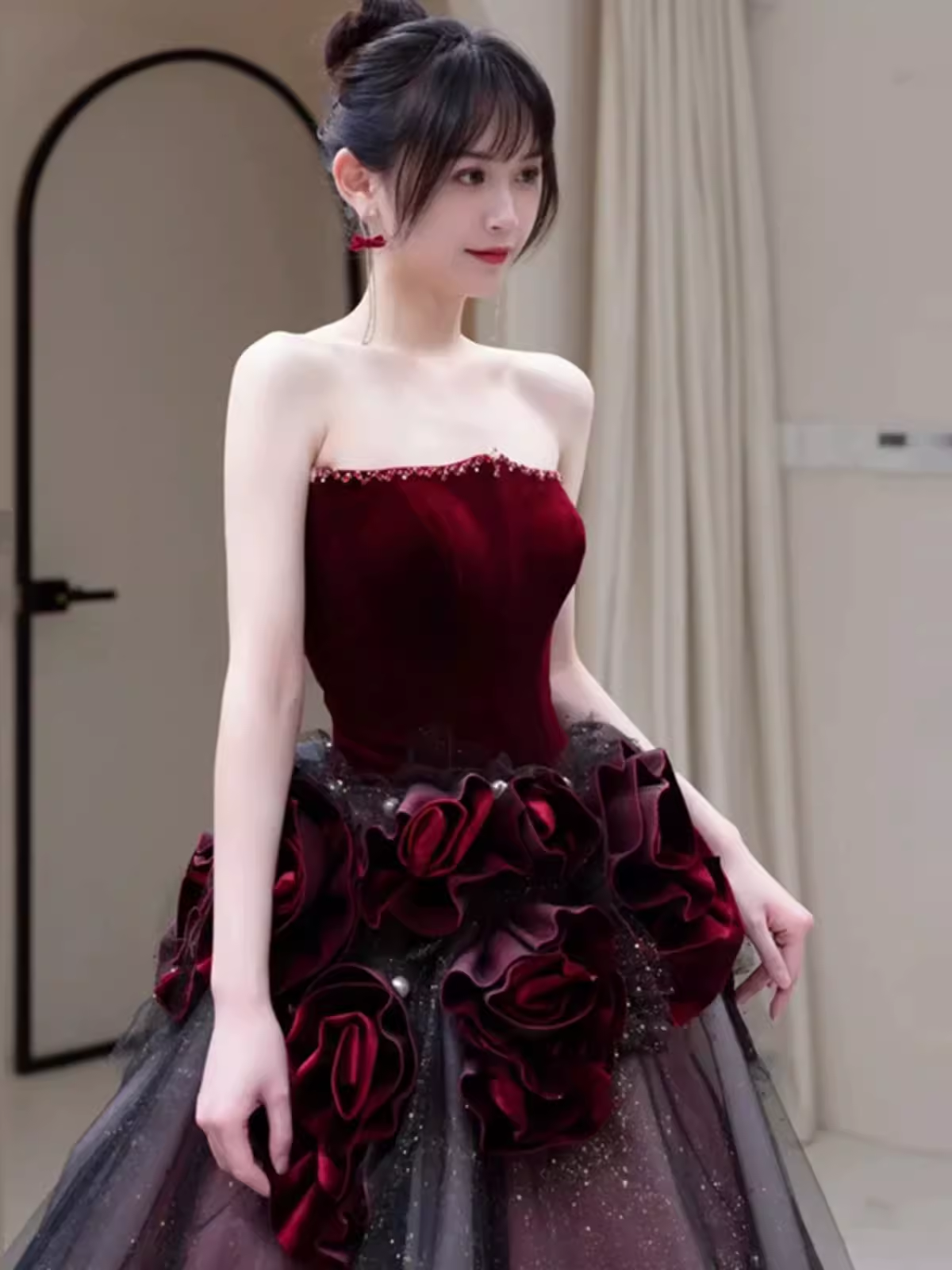 Sexy Ball Gown Strapless Velvet Burgundy Tulle Flowers Long Prom Dresses - View 5 | VelvetHem
