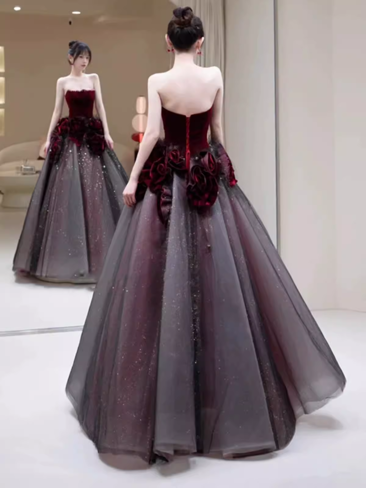 Sexy Ball Gown Strapless Velvet Burgundy Tulle Flowers Long Prom Dresses - View 2 | VelvetHem