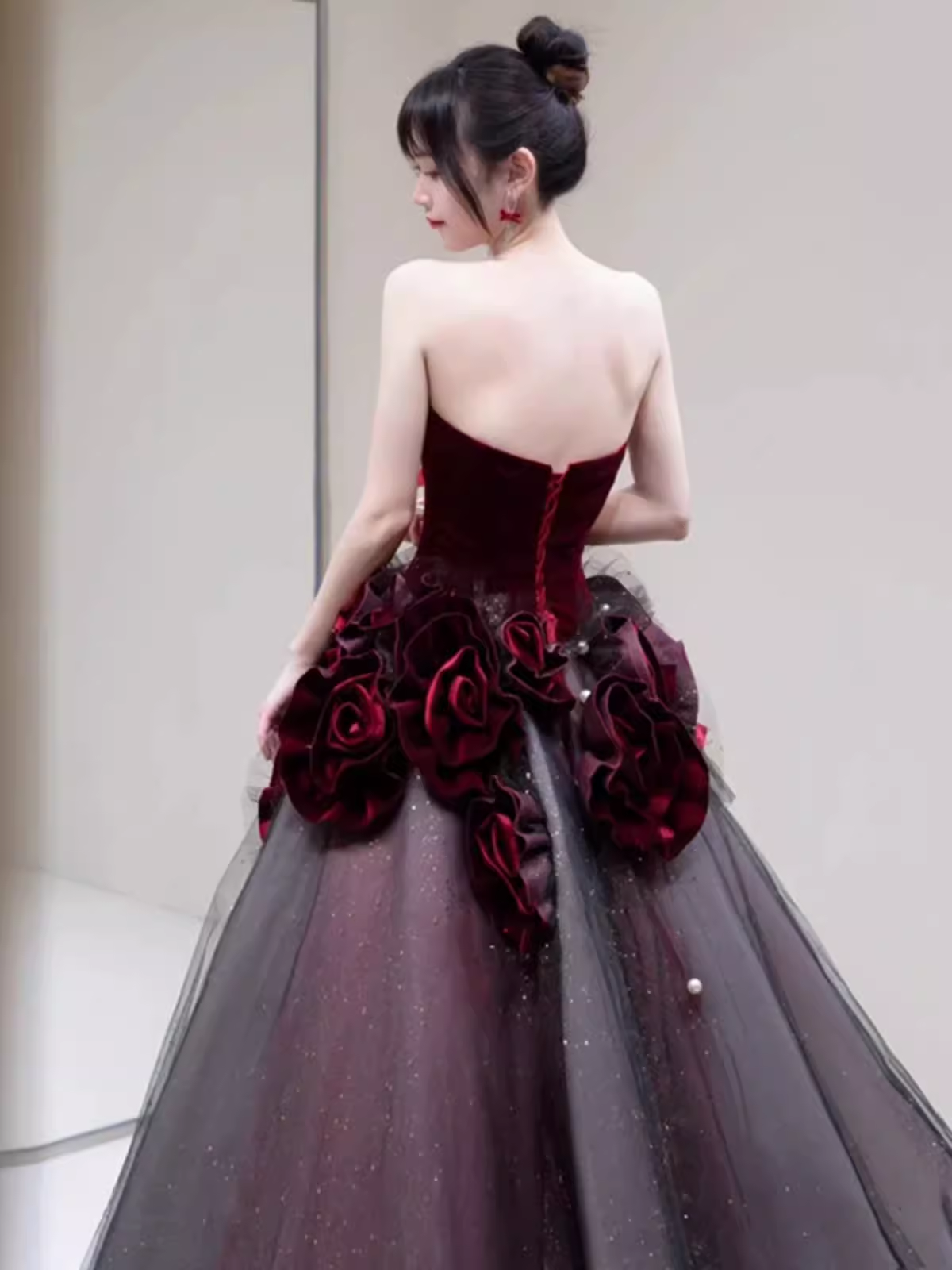 Sexy Ball Gown Strapless Velvet Burgundy Tulle Flowers Long Prom Dresses - View 4 | VelvetHem