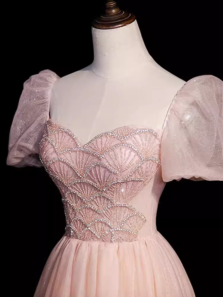 Pretty A Line Sweetheart Tulle Pink Beads Long Prom Dresses - View 4 | VelvetHem