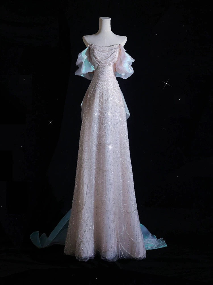 Pretty A line Off The Shoulder Pink Long Prom Dresses Sequin Birthday Outfits - View 2 | VelvetHem