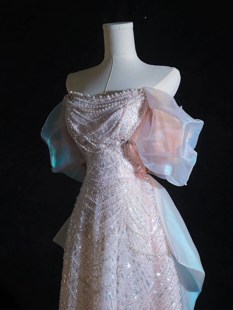 Pretty A line Off The Shoulder Pink Long Prom Dresses Sequin Birthday Outfits - View 4 | VelvetHem