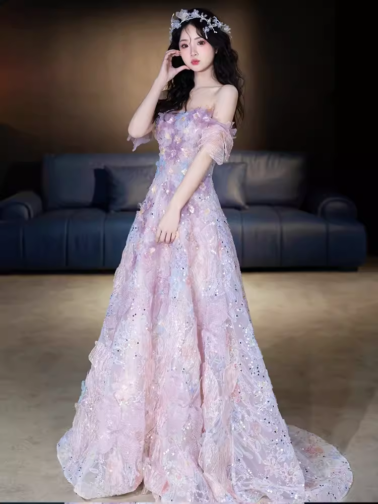 Cute A line Strapless Neckline Tulle Pink Flowers Wedding Dress - View 3 | VelvetHem