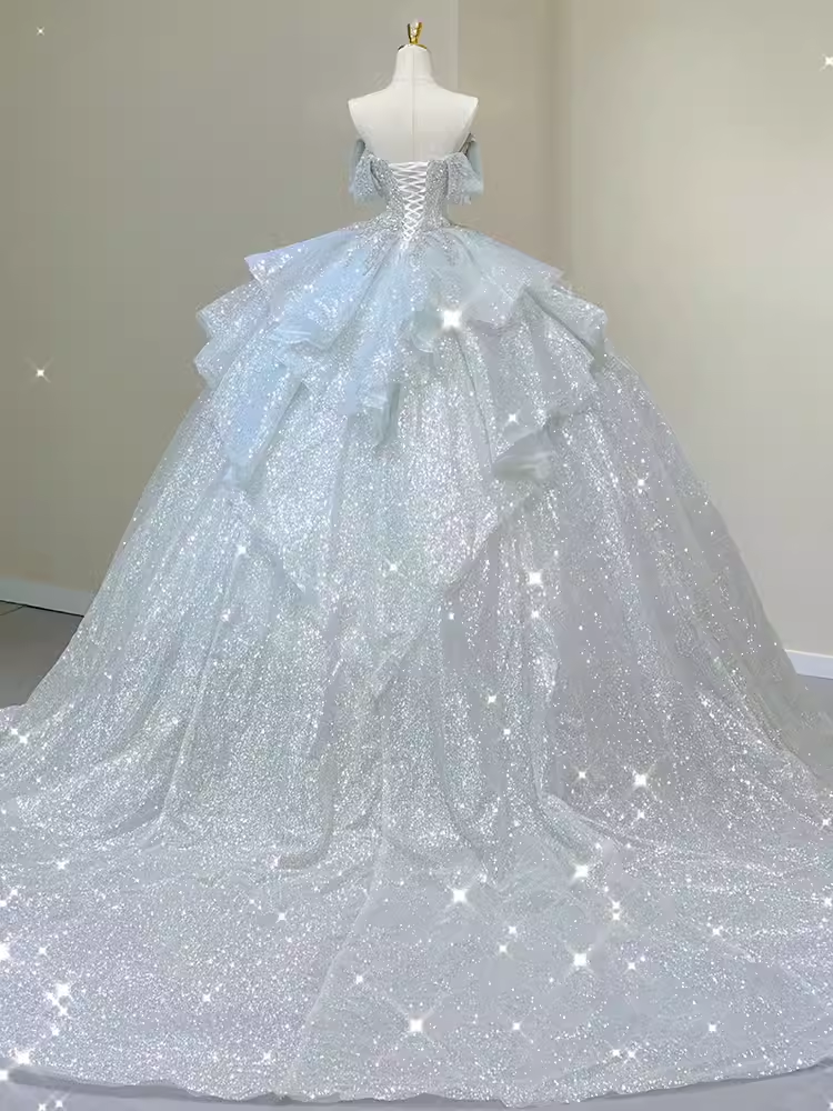 Luxury Ball Gown Off The Shoulder Short Sleeves Sequin Wedding Dress - View 3 | VelvetHem