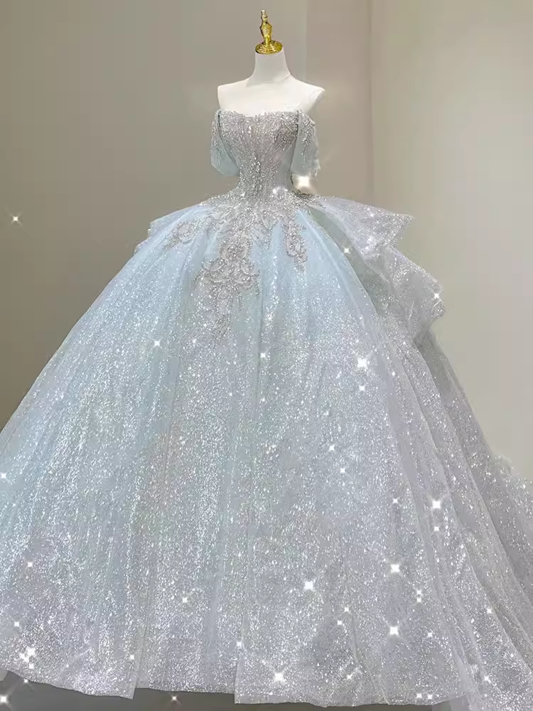 Luxury Ball Gown Off The Shoulder Short Sleeves Sequin Wedding Dress - View 2 | VelvetHem