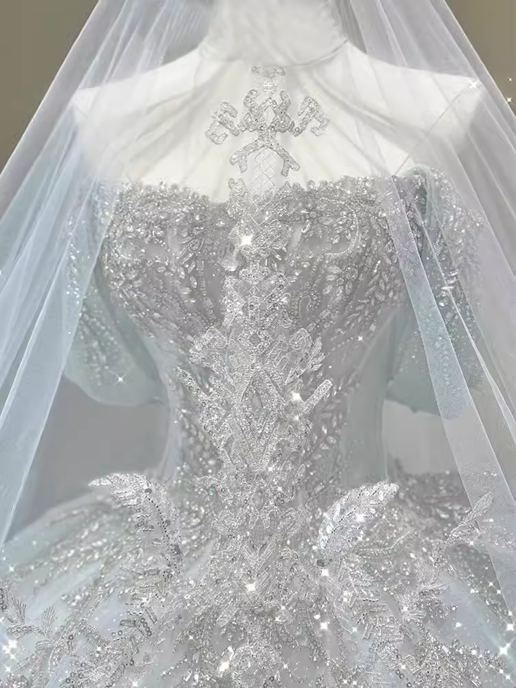 Luxury Ball Gown Off The Shoulder Short Sleeves Sequin Wedding Dress - View 4 | VelvetHem