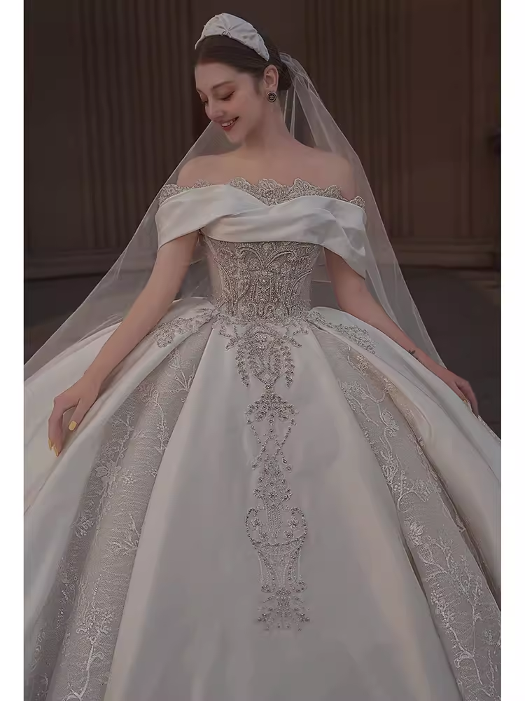 Luxury Ball Gown Off The Shoulder Short Sleeves Satin Wedding Dress - View 2 | VelvetHem