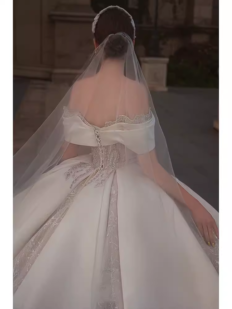 Luxury Ball Gown Off The Shoulder Short Sleeves Satin Wedding Dress - View 3 | VelvetHem