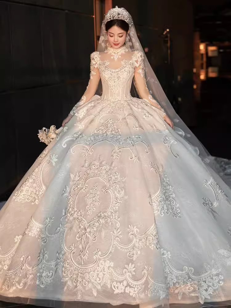 Luxury Ball Gown High Neckline Long Sleeves Lace White Wedding Dress