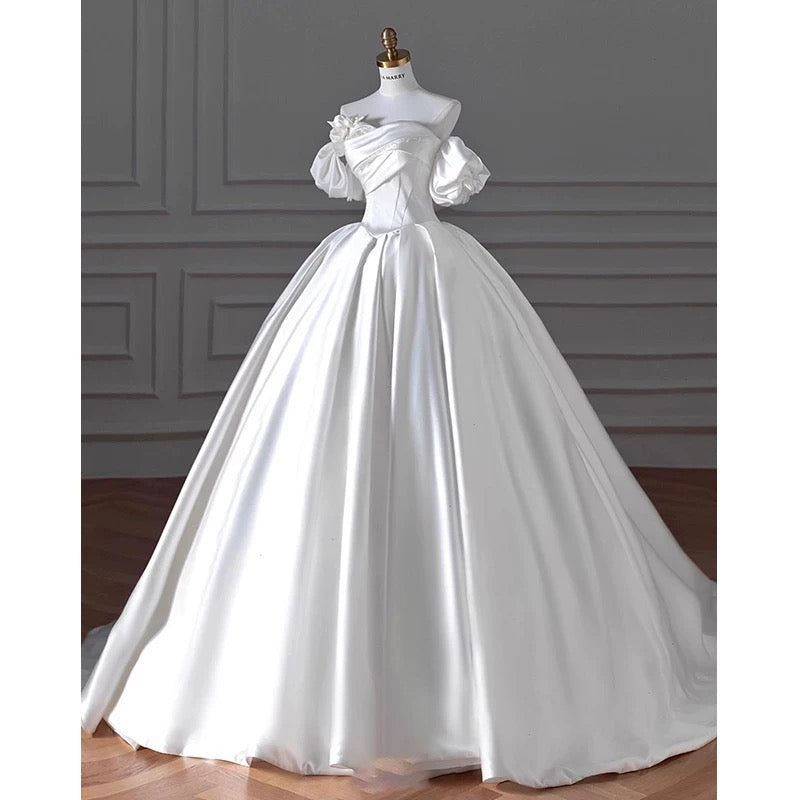 Timeless Ball Gown Sweetheart Long Puffy Sleeves Satin Wedding Dresses With Flowers - View 2 | VelvetHem