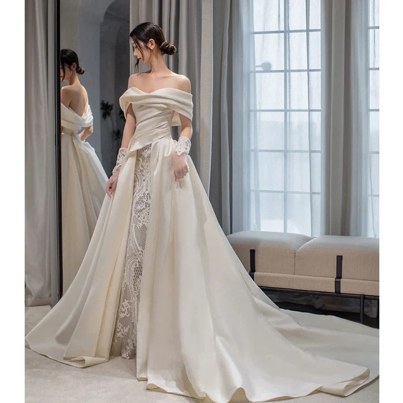 Timeless Ball Gown Off The Shoulder Satin Long White Wedding Dresses With Lace - View 4 | VelvetHem