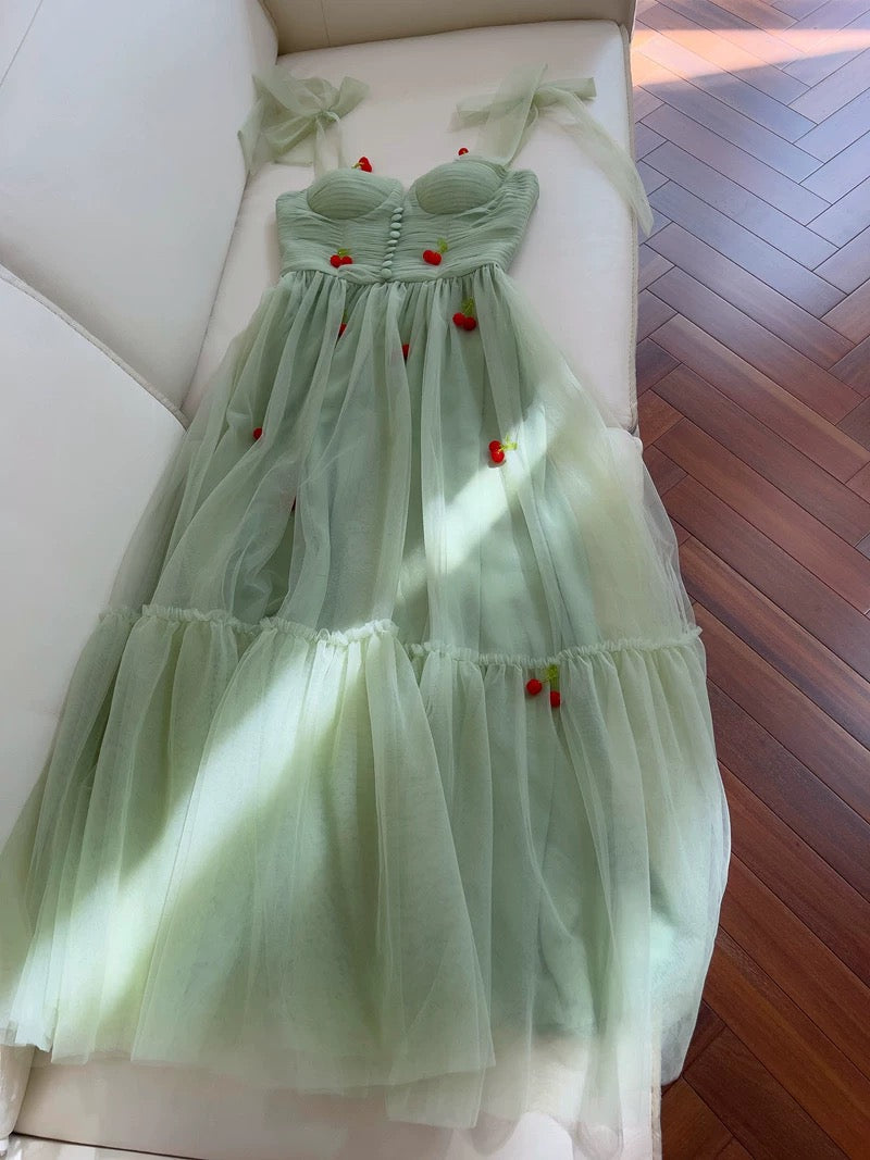 Cute A line Spaghetti Straps Mint Green Tulle Homecoming Dresses Simple Prom Dress With Cherry - View 3 | VelvetHem