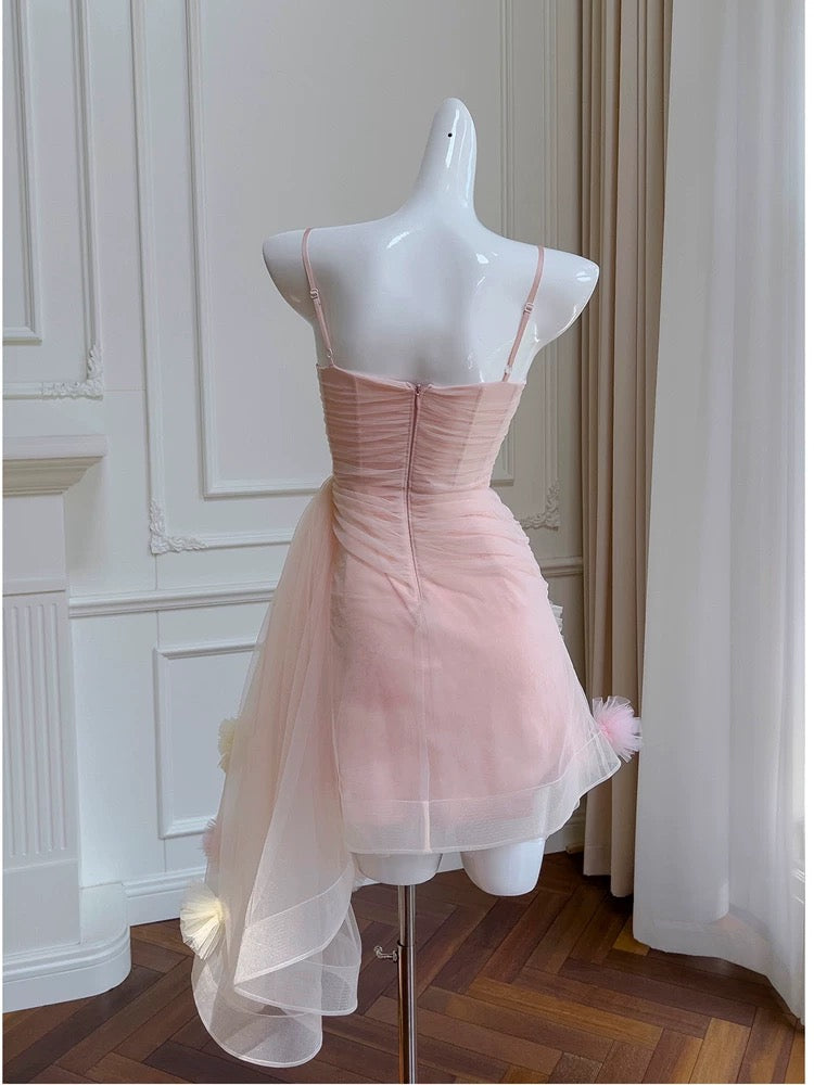 Cute Sheath Spaghetti Straps Pink Short Tulle Homecoming Dresses Cocktail Dress - View 5 | VelvetHem