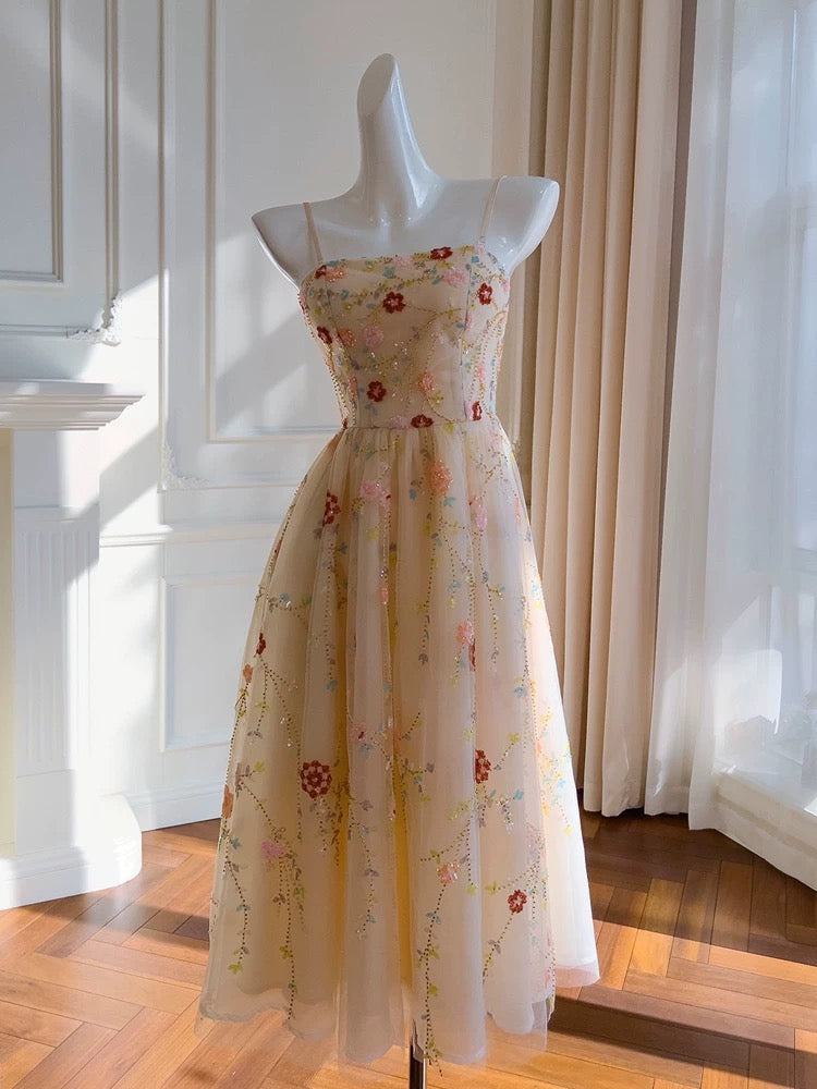Fairytale A line Spagetti Straps Champagne Beads Tulle Homecoming Dress Birthday Dresses